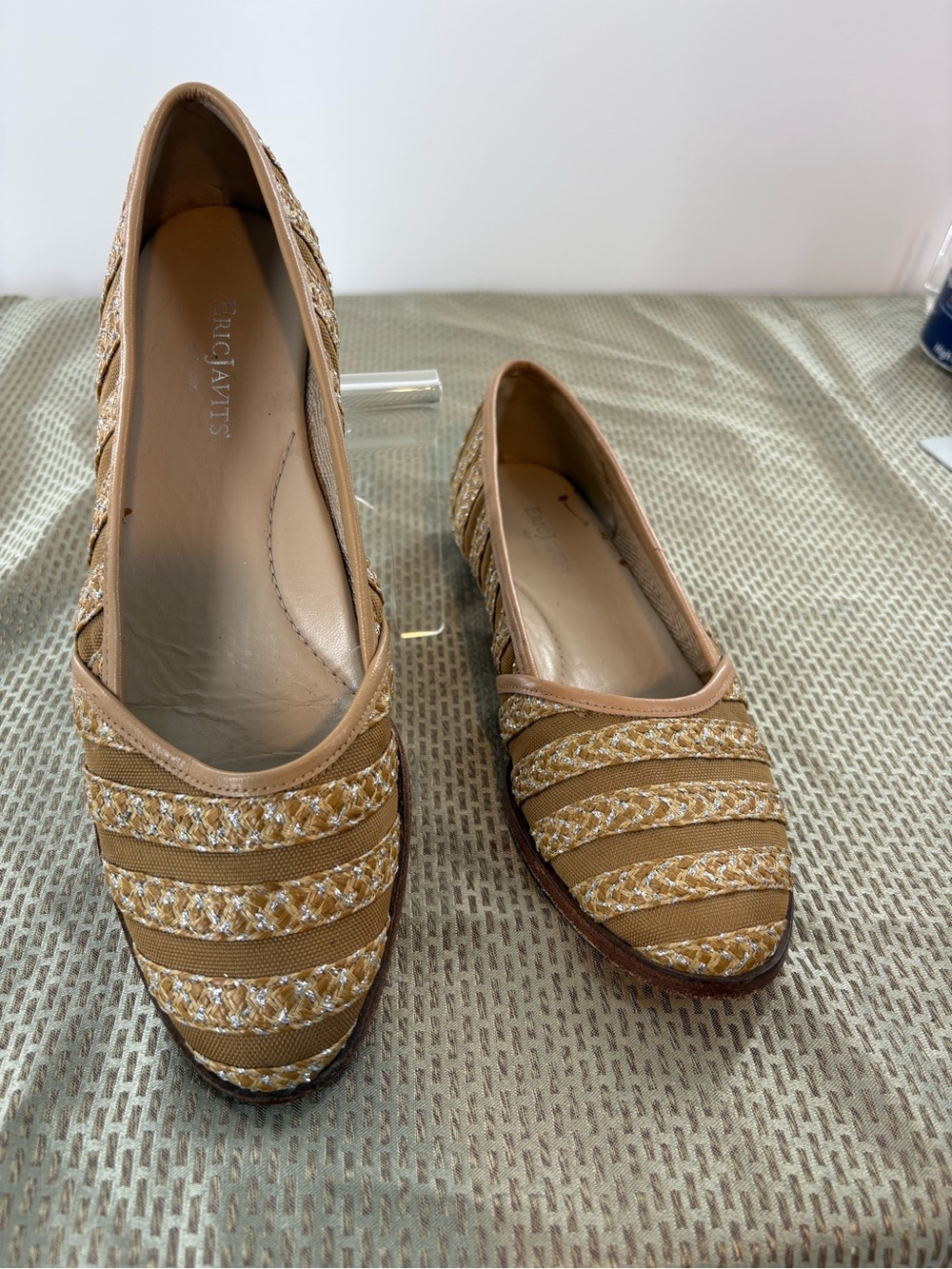 Eric Javits Tan Metallic Striped Flats - Woven Straw Mesh Ballerina Shoes 8N